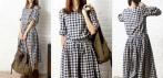 На платье в клетку с длинным рукавом